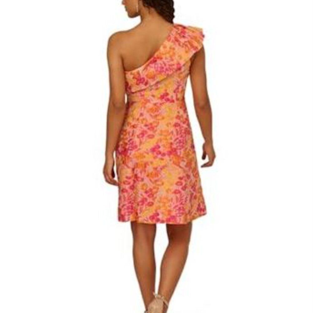Adrianna Papell One-Shoulder Ruffle Fit-and-Flare Dress in Coral-Pink Print - Picture 3 of 13